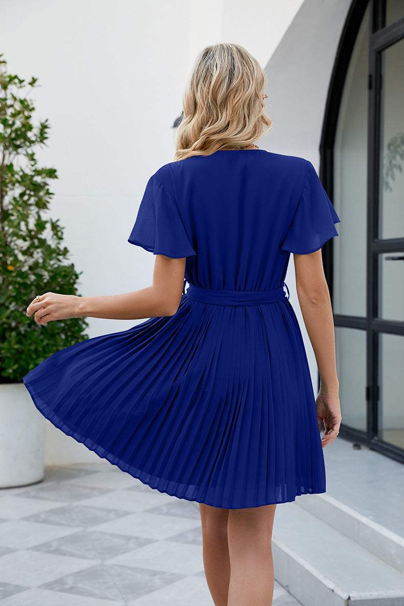 Surplice Neck Tie Waist Flutter Sleeve Pleated Dress Casual Dresses - Tophatter Daily Deals