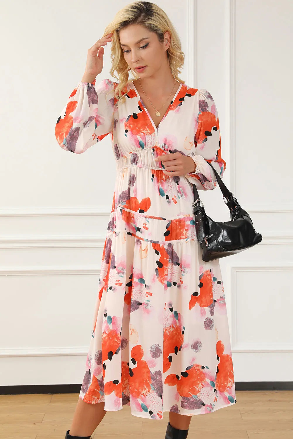 Printed V-Neck Balloon Sleeve Dress Casual Dresses - Tophatter Daily Deals