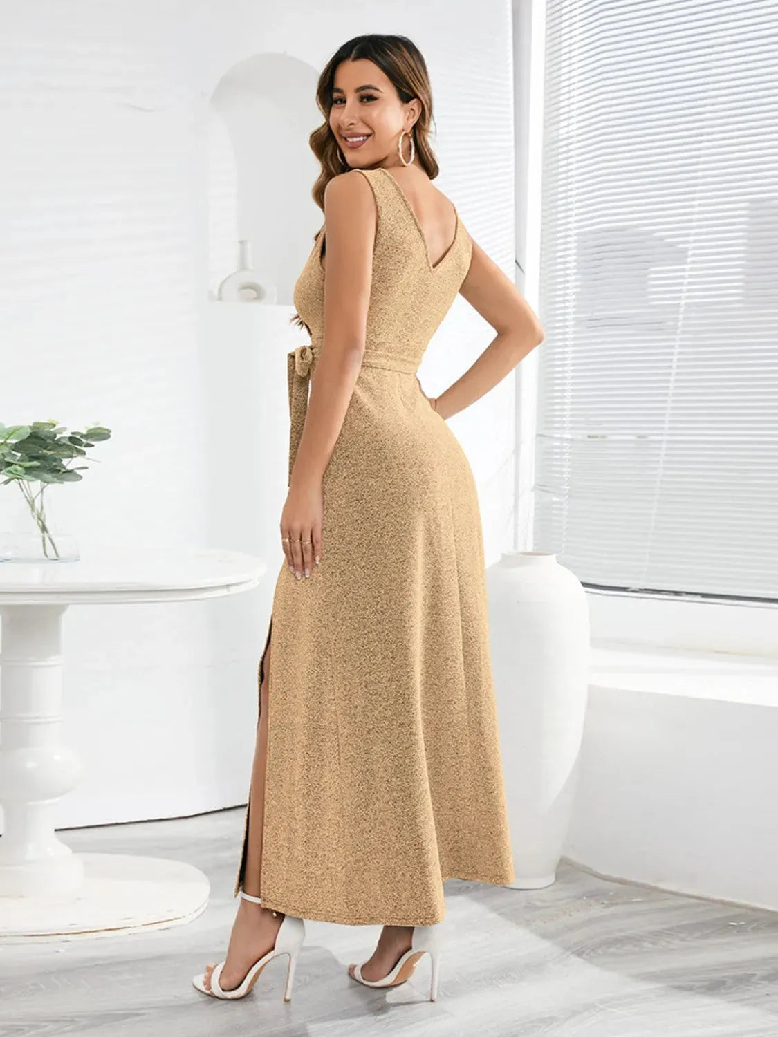 Slit Surplice Tie Waist Sleeveless Dress Cocktail Dresses - Tophatter Daily Deals
