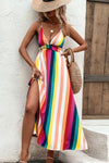 Multicolored Stripe Crisscross Backless Dress Casual Dresses - Tophatter Daily Deals