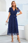 Sequin Leaf Embroidery Tie Front Short Sleeve Dress Cobald Blue Cocktail Dresses - Tophatter Daily Deals