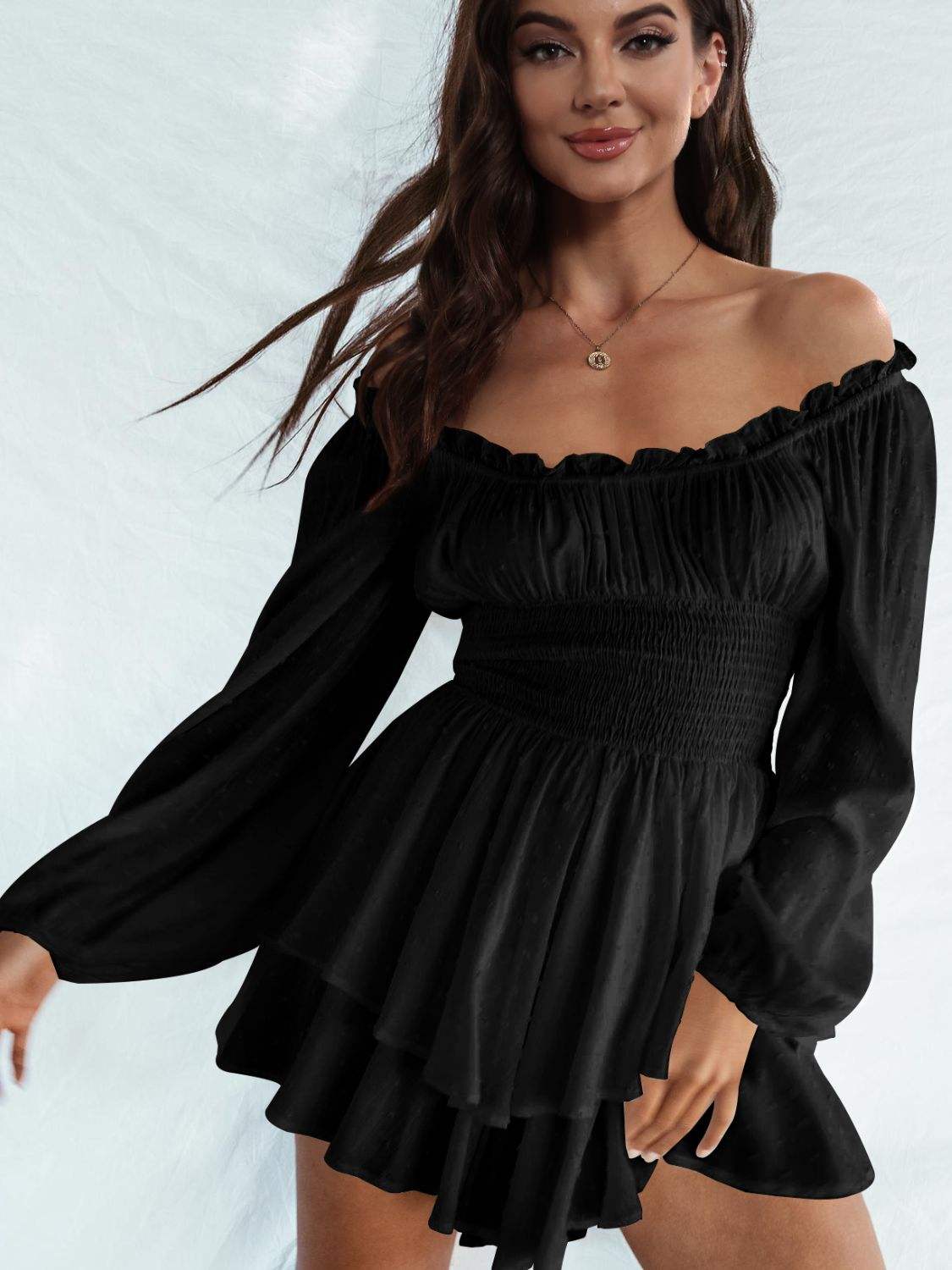 Off Shoulder Smocked Waist Romper Black Casual Dresses - Tophatter Daily Deals