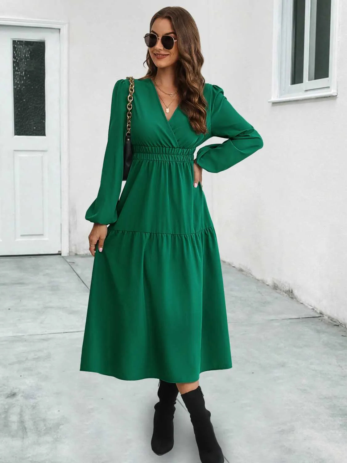 Surplice Neck Long Sleeve Midi Dress Casual Dresses - Tophatter Daily Deals