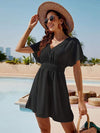 Smocked V-Neck Short Sleeve Dress Black Casual Dresses - Tophatter Daily Deals