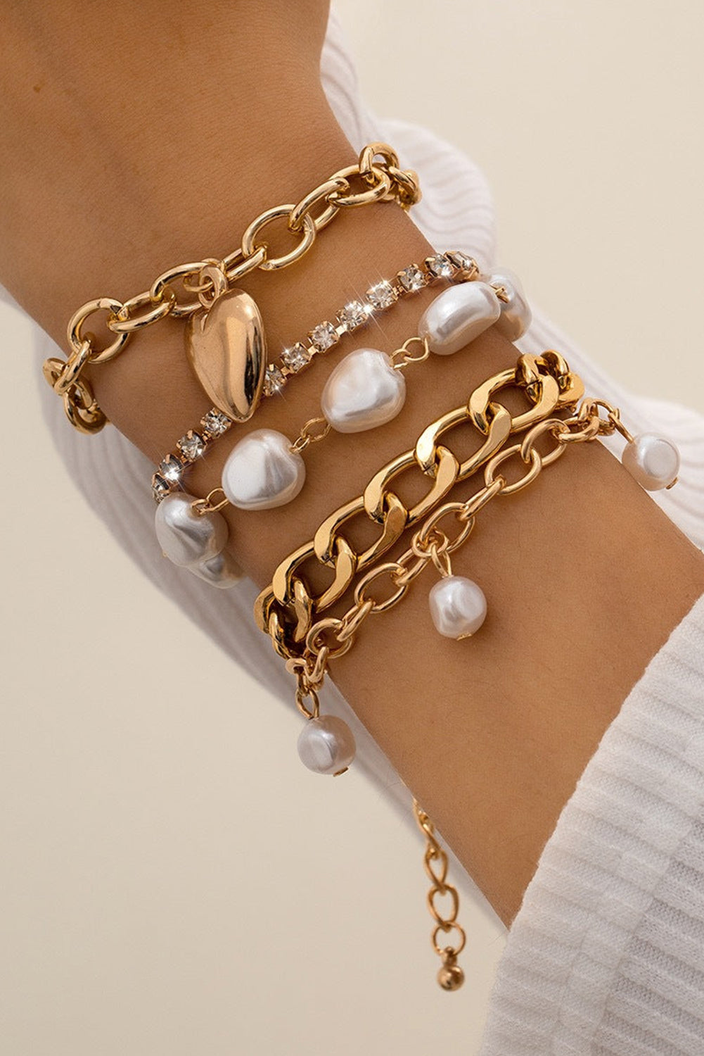 Gold 5Pcs Pearl Heart Diamond Bracelet Set Bracelets - Tophatter Daily Deals