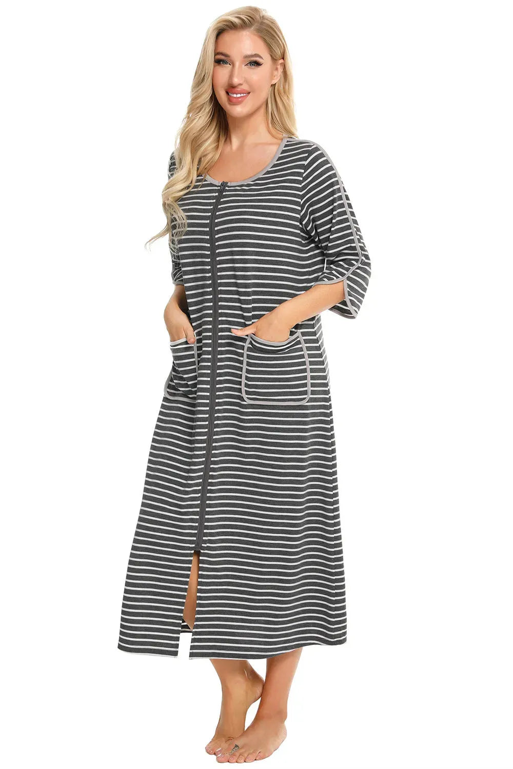 Round Neck Three-Quarter Sleeve Midi Night Dress Sleep Dresses - Tophatter Daily Deals