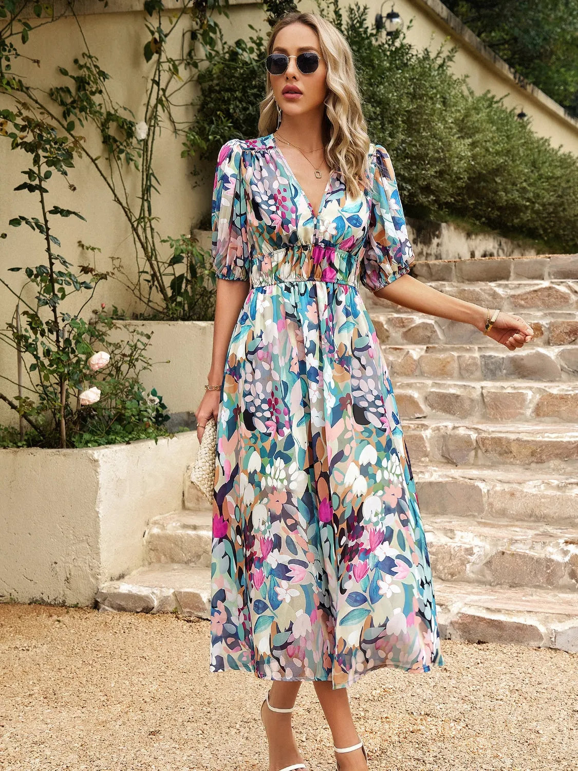 Devine Smocked Printed V-Neck Half Sleeve Midi Dress Casual Dresses - Tophatter Daily Deals