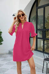 Notched Neck Flounce Sleeve Mini Dress Hot Pink Casual Dresses - Tophatter Daily Deals
