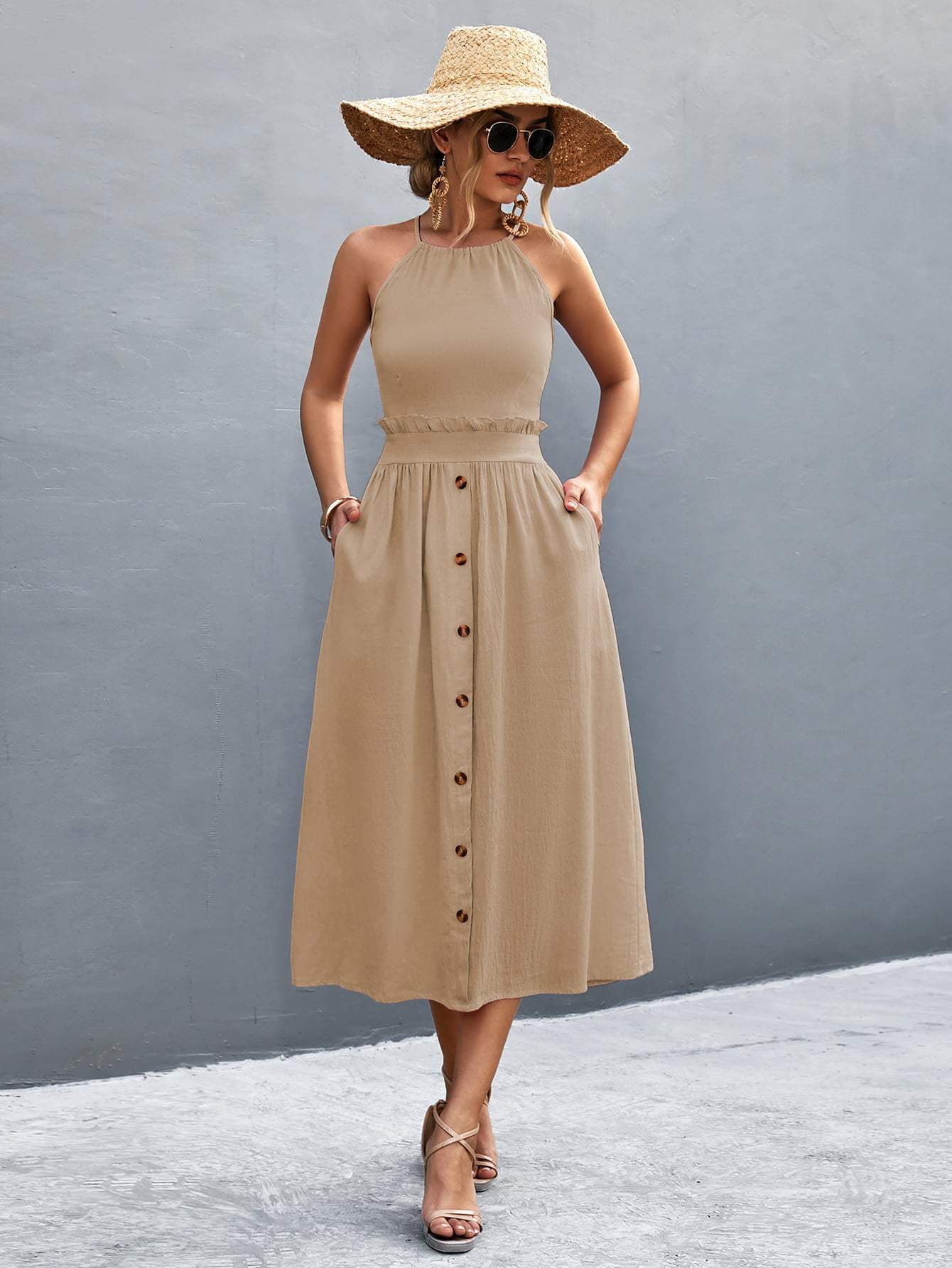 Buttoned Halter Neck Frill Trim Midi Dress Casual Dresses - Tophatter Daily Deals