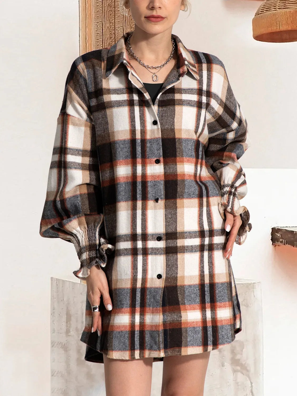 FAM-FAM Button Up Plaid Long Sleeve Shirt Dress Coffee Brown Casual Dresses - Tophatter Daily Deals