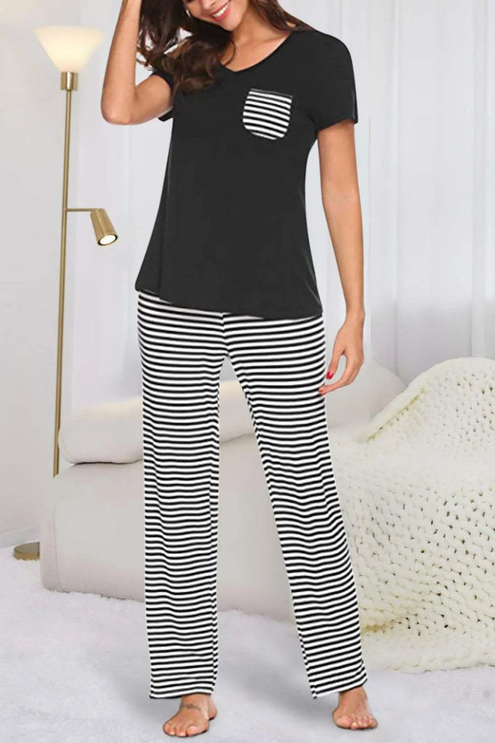 Pocketed Short Sleeve Top and Striped Pants Lounge Set Black Loungewear Sets - Tophatter Daily Deals