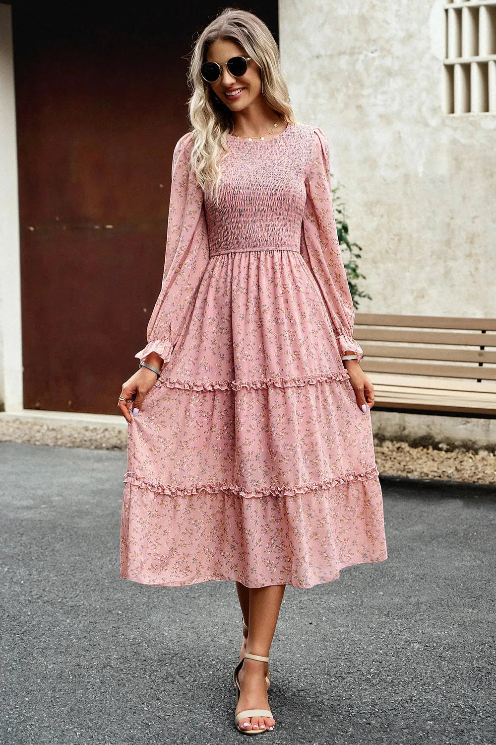 Smocked Flounce Sleeve Midi Dress Dusty Pink Casual Dresses - Tophatter Daily Deals