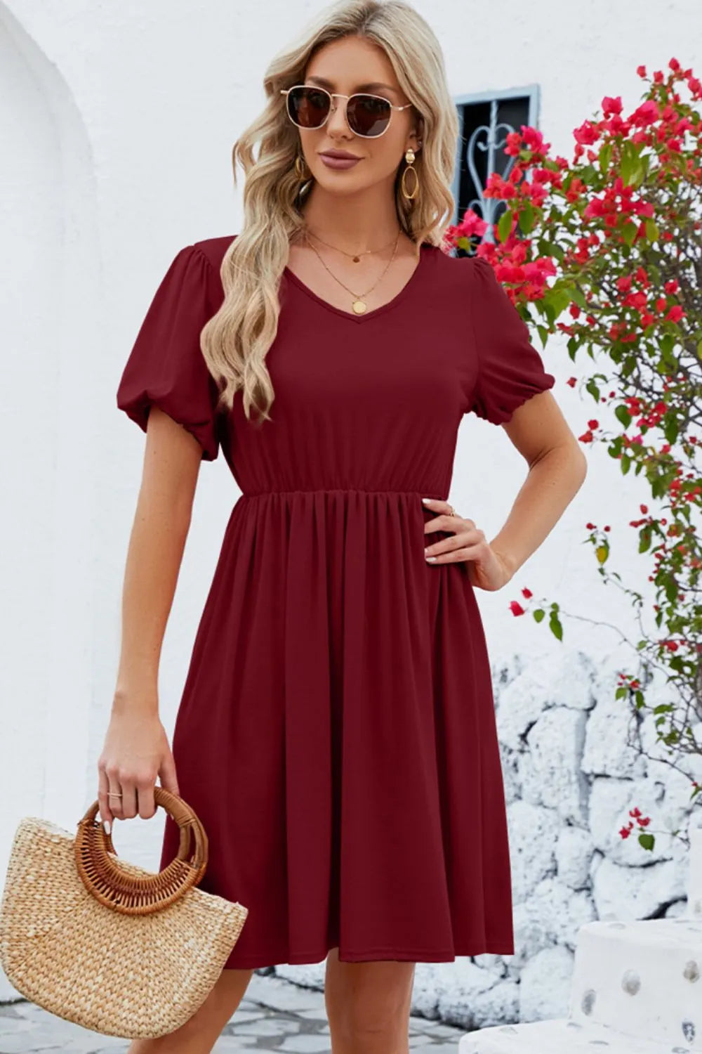 V-Neck Balloon Short Sleeve Dress Casual Dresses - Tophatter Daily Deals