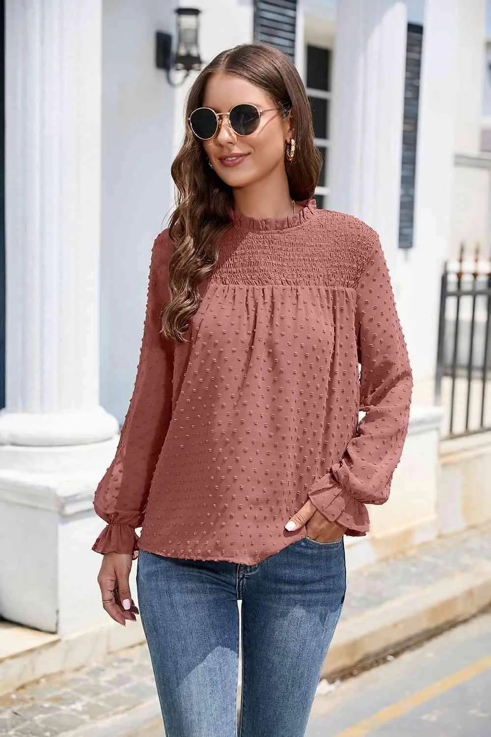 Smocked Mock Neck Swiss Dot Top Burnt Coral Blouses - Tophatter Daily Deals