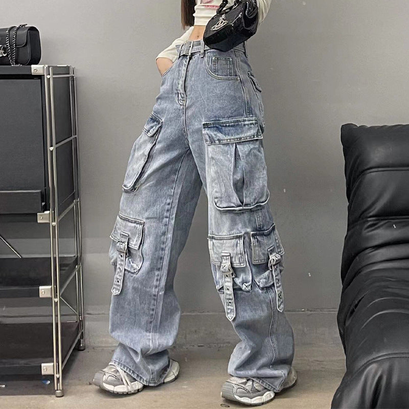 Autumn American Vintage Street Trendy Multi-pocket Workwear Jeans Blue 0 - Tophatter Daily Deals