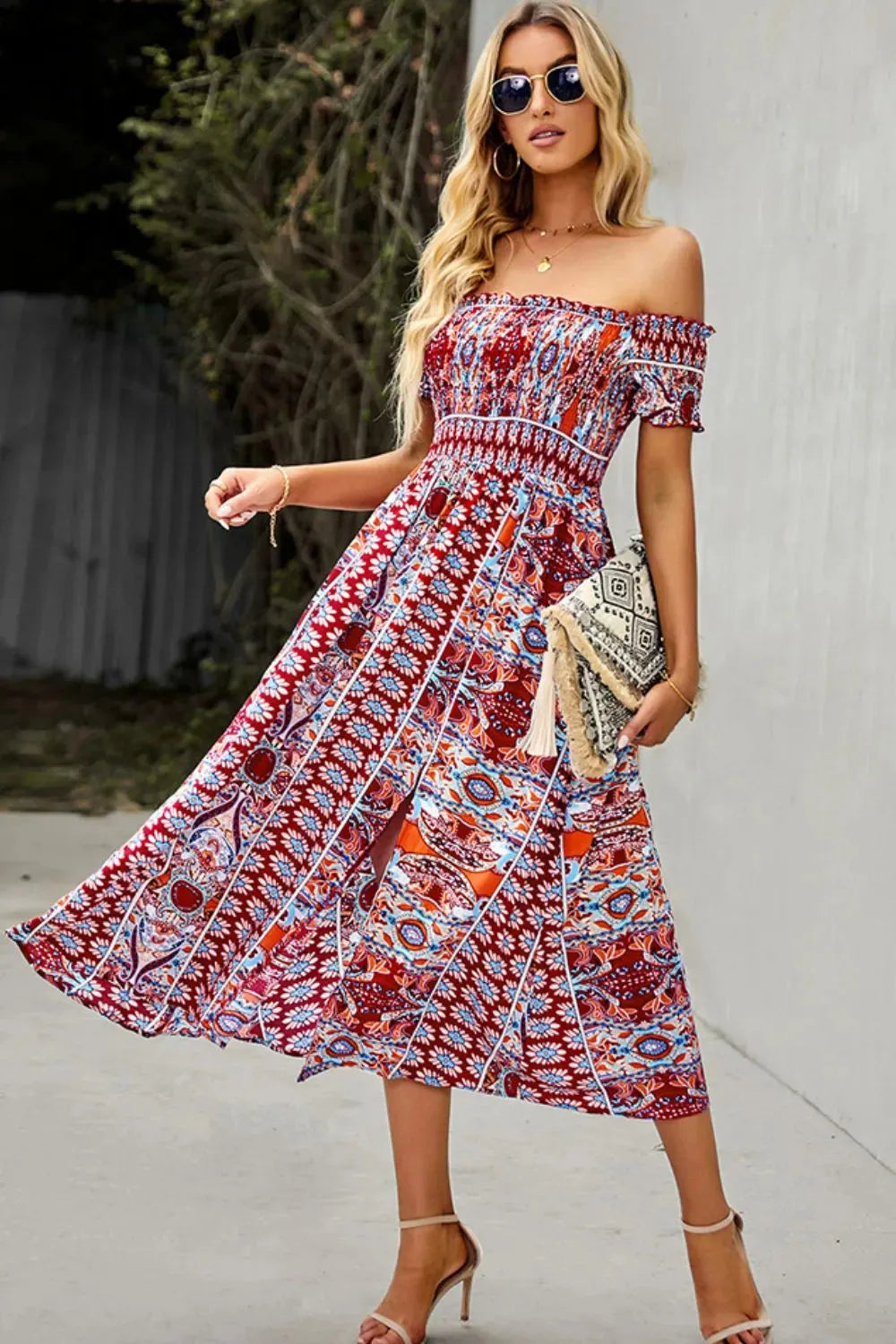Bohemian Off-Shoulder Frill Trim Split Dress Casual Dresses - Tophatter Daily Deals