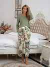 Round Neck Top and Printed Pants Lounge Set Matcha Green Loungewear Sets - Tophatter Daily Deals