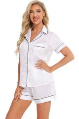 Printed Button Up Short Sleeve Top and Shorts Lounge Set Loungewear Sets - Tophatter Daily Deals