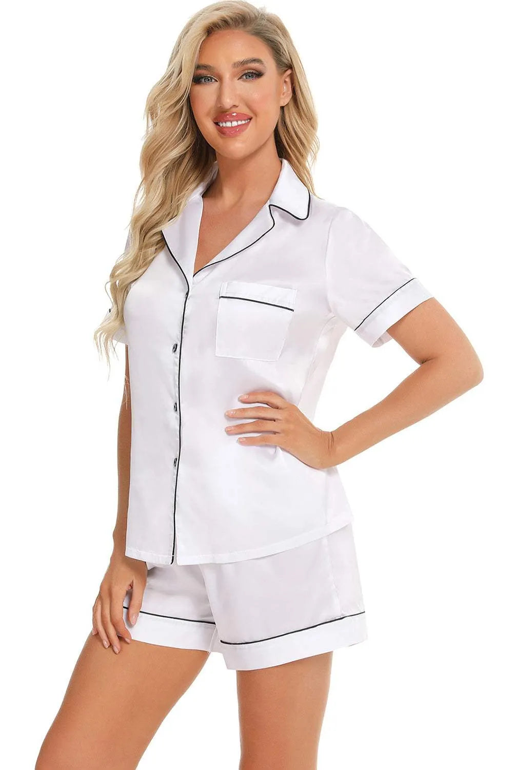 Printed Button Up Short Sleeve Top and Shorts Lounge Set Loungewear Sets - Tophatter Daily Deals