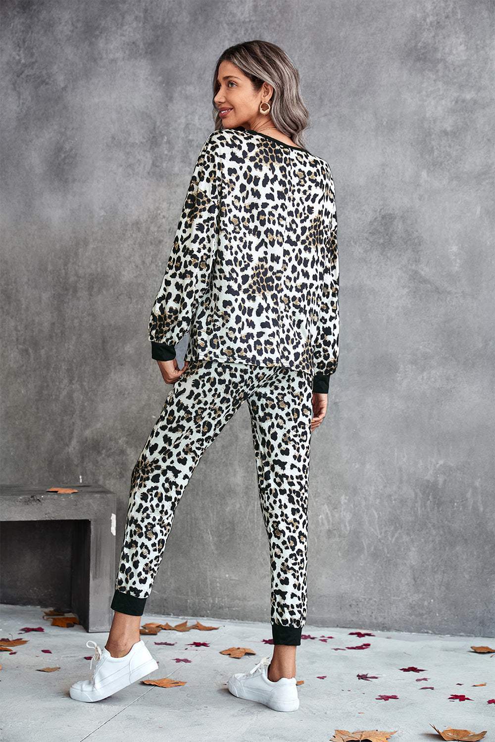 Leopard V-Neck Dropped Shoulder Loungewear Set Loungewear Sets - Tophatter Daily Deals