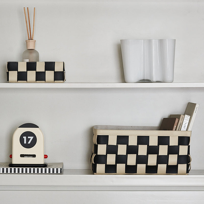 Black And White Hand Woven Storage Basket PU 0 - Tophatter Daily Deals