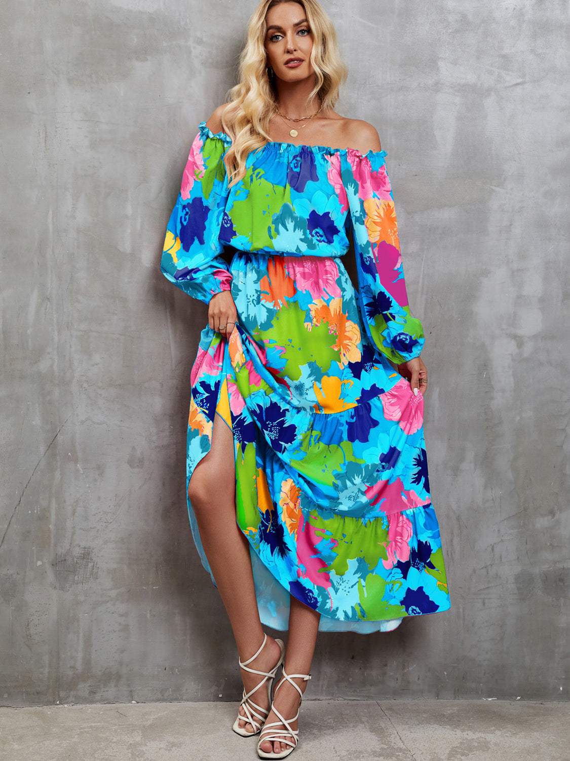 Printed Off-Shoulder Balloon Sleeve Tiered Dress Pastel Blue Casual Dresses - Tophatter Daily Deals