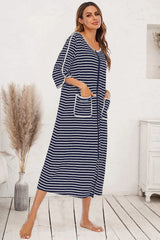 Round Neck Three-Quarter Sleeve Midi Night Dress Navy Sleep Dresses - Tophatter Daily Deals