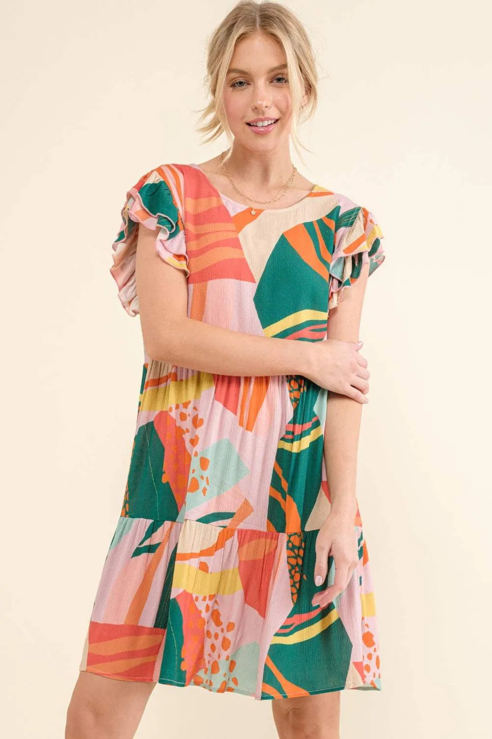 And The Why Printed Double Ruffle Sleeve Dress GREENERY Casual Dresses - Tophatter Daily Deals