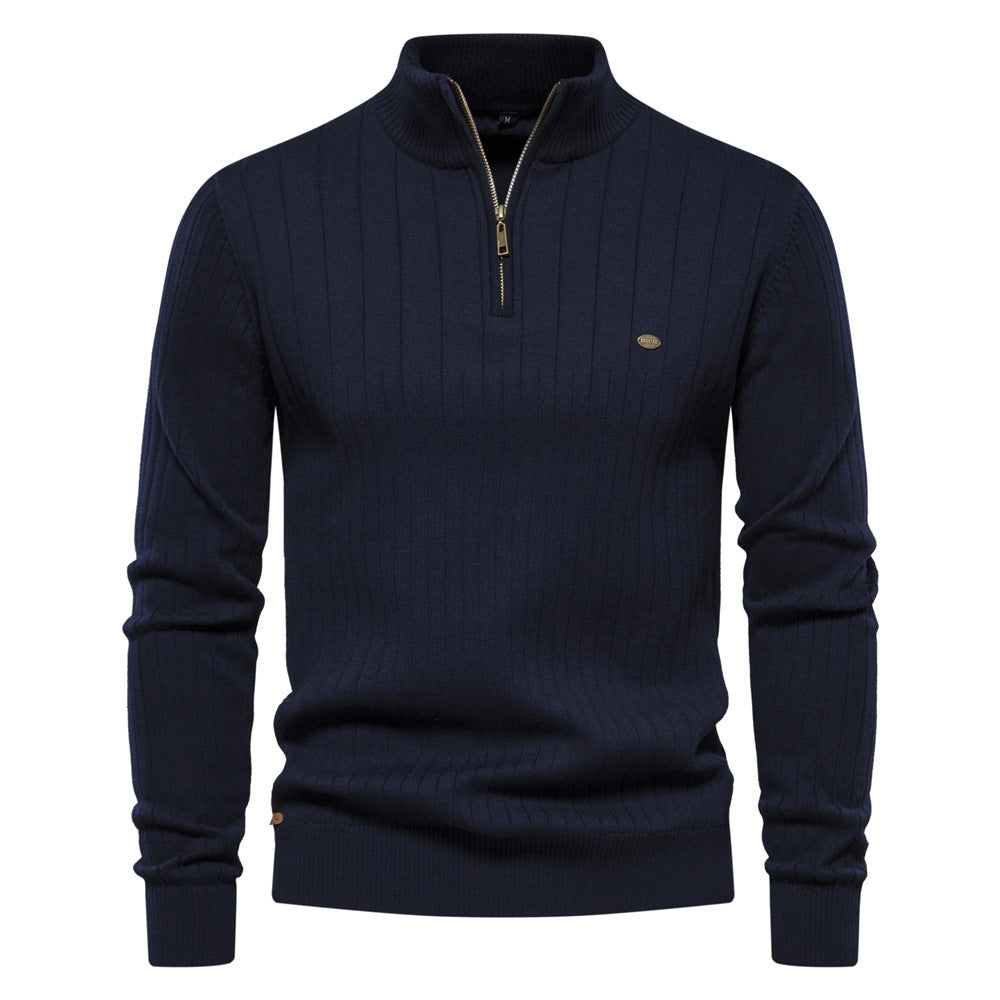 Breathable Men's Half Zip Sweater - Ribbed Cotton, Autumn Navy Blue 3D Changing Face Moving Picture Frame - Tophatter Daily Deals