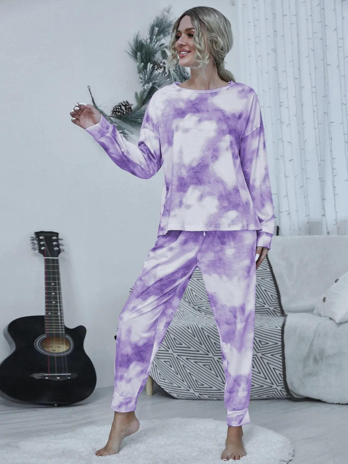 Tie-dye Round Neck Top and Drawstring Pants Lounge Set Loungewear Sets - Tophatter Daily Deals