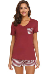 Striped Short Sleeve Top and Shorts Lounge Set Loungewear Sets - Tophatter Daily Deals