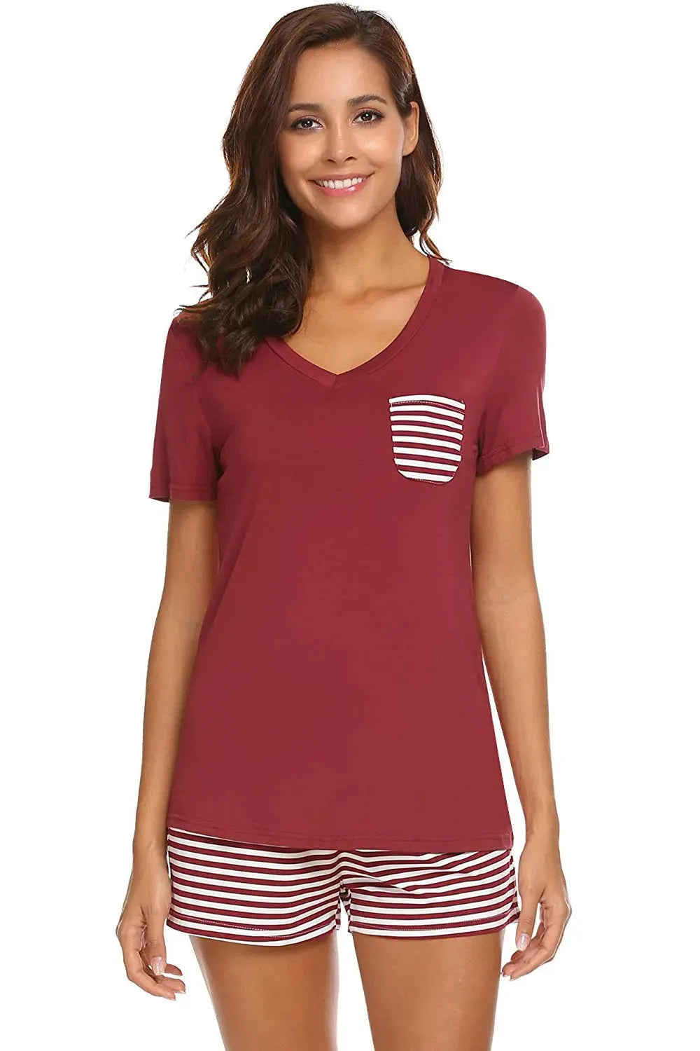 Striped Short Sleeve Top and Shorts Lounge Set Loungewear Sets - Tophatter Daily Deals
