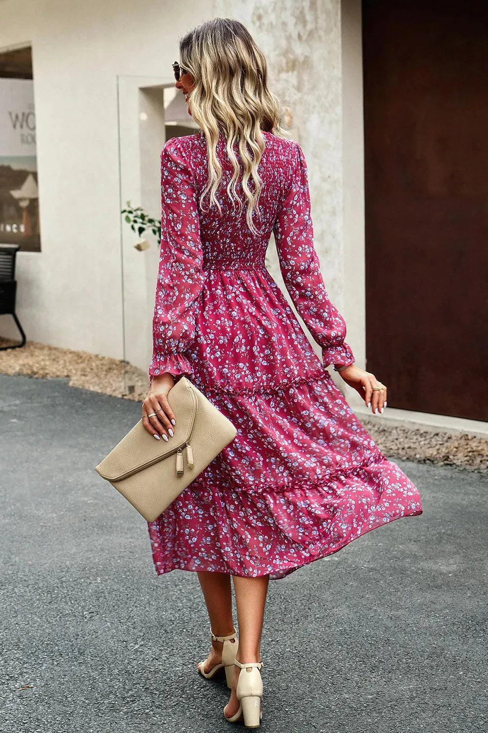 Smocked Flounce Sleeve Midi Dress Casual Dresses - Tophatter Daily Deals