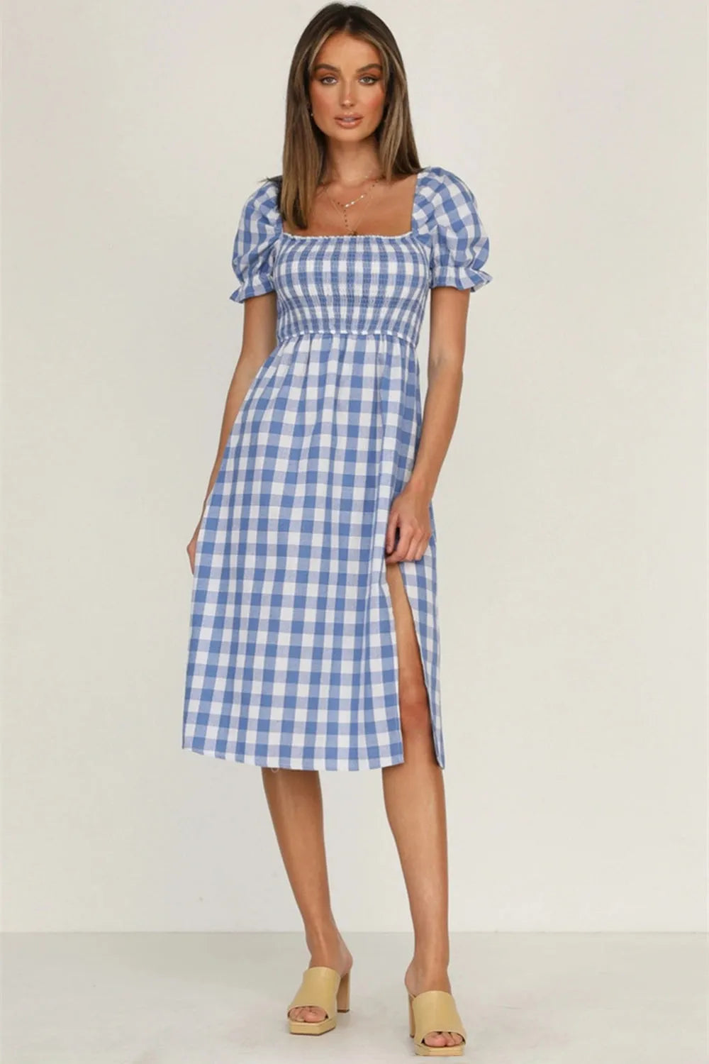 Full Size Slit Plaid Short Sleeve Midi Dress Casual Dresses - Tophatter Daily Deals