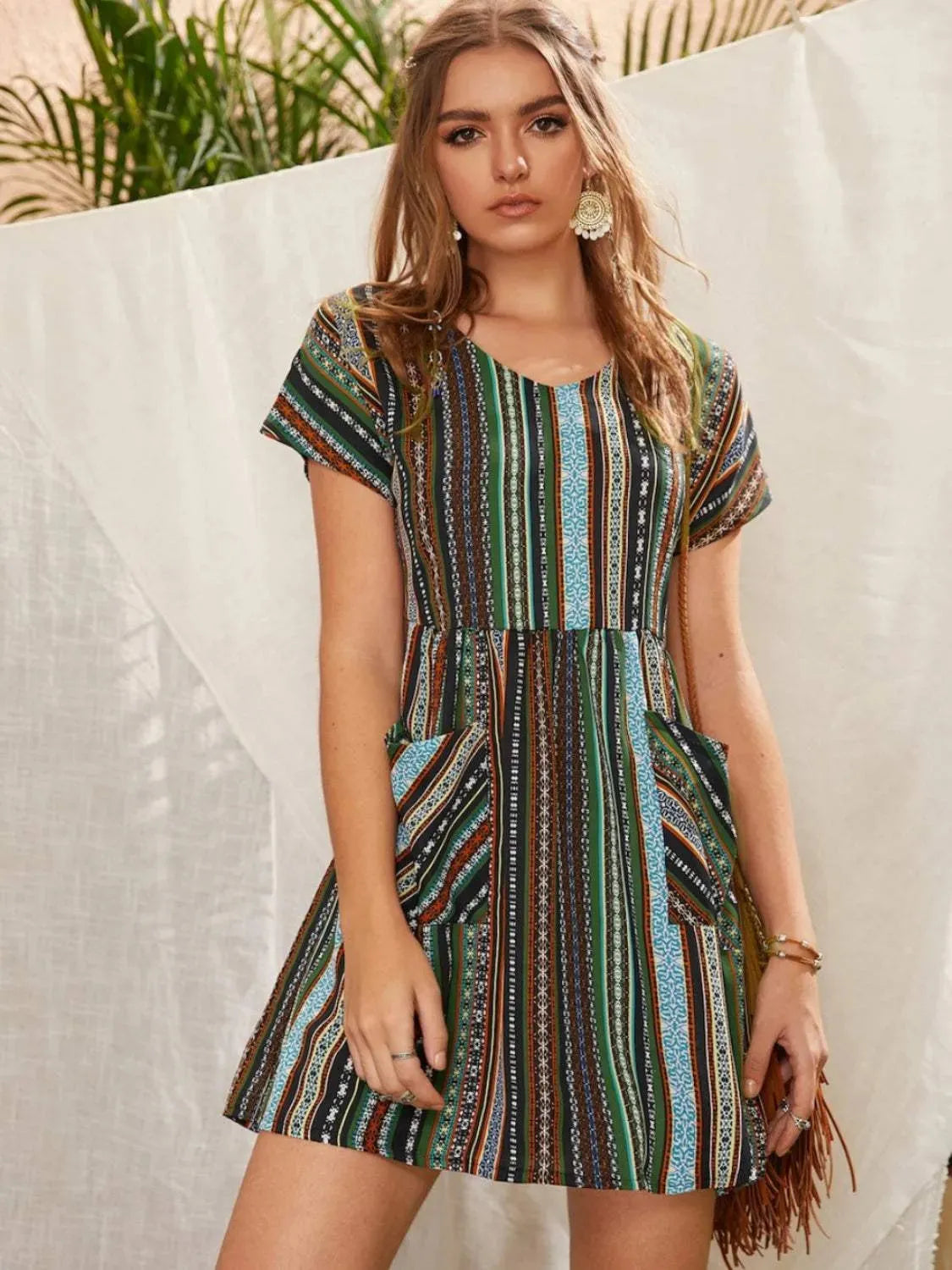 Pocketed Striped Short Sleeve Dress Moss Casual Dresses - Tophatter Daily Deals