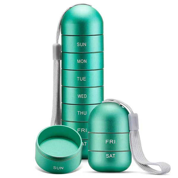 Pill Organizer Aluminum 7 Day Travel Container Waterproof Green - Tophatter Daily Deals