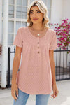 Eyelet Quarter Button Short Sleeve T-Shirt Pale Blush Women's T-Shirts - Tophatter Daily Deals