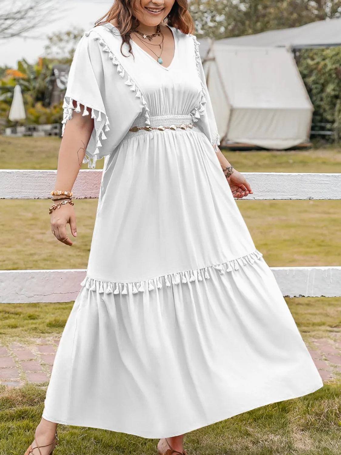 Plus Size Tassel Smocked V-Neck Half Sleeve Dress White Casual Dresses - Tophatter Daily Deals