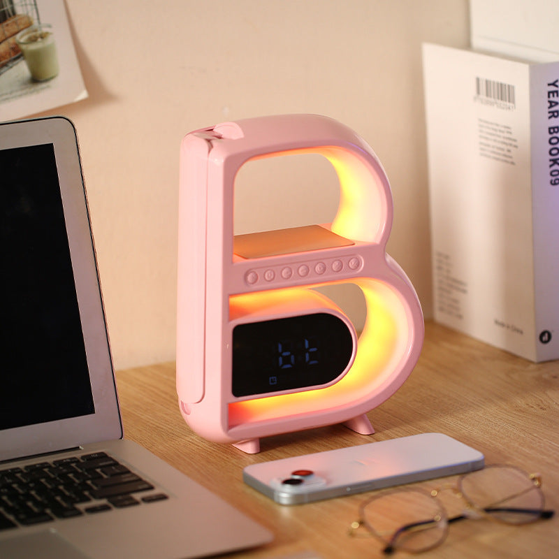 2024 New B-Shaped Blutooth Speaker Multifunctional Smart Music Rhythm Lighting Phone Wireless Charger TF Card AUX Input Standard Mode Pink Wireless Charger Alarm Clock 0 - Tophatter Daily Deals