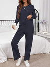 Round Neck Long Sleeve Top and Drawstring Pants Lounge Set Navy Loungewear Sets - Tophatter Daily Deals