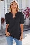 Eyelet Notched Puff Sleeve T-Shirt Black Women's T-Shirts - Tophatter Daily Deals