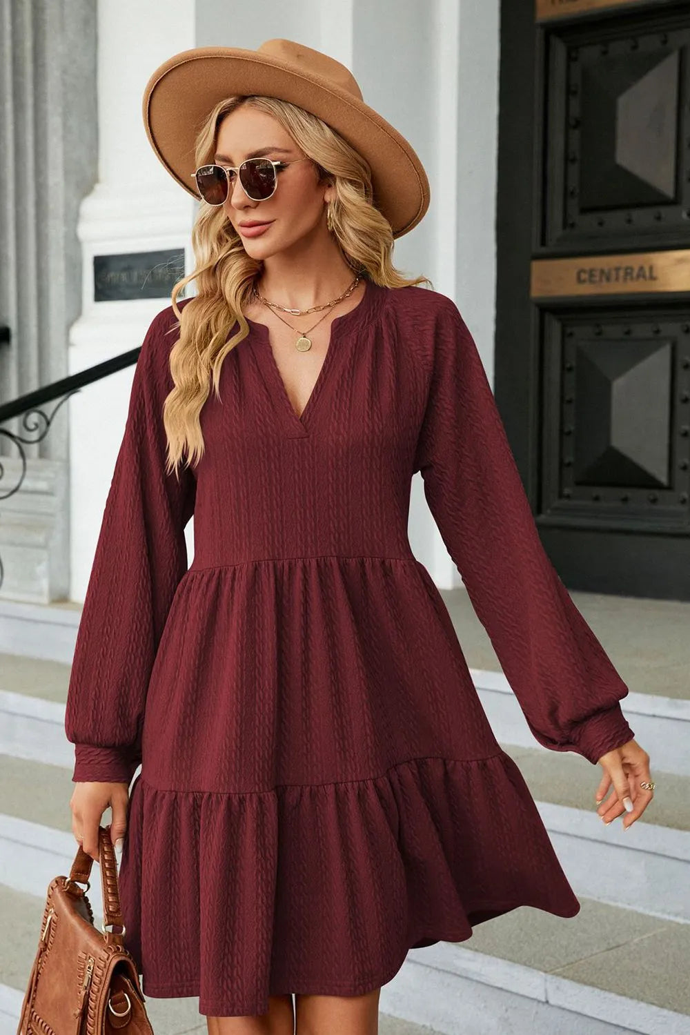 Notched Neck Long Sleeve Mini Dress Casual Dresses - Tophatter Daily Deals