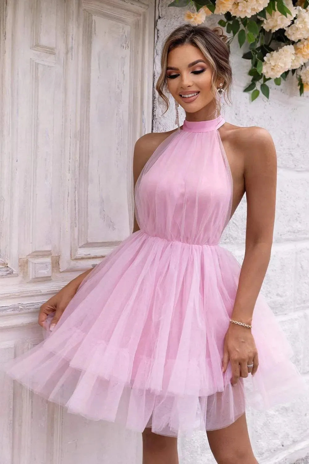 Halter Neck Backless Mesh Dress Blush Pink Cocktail Dresses - Tophatter Daily Deals