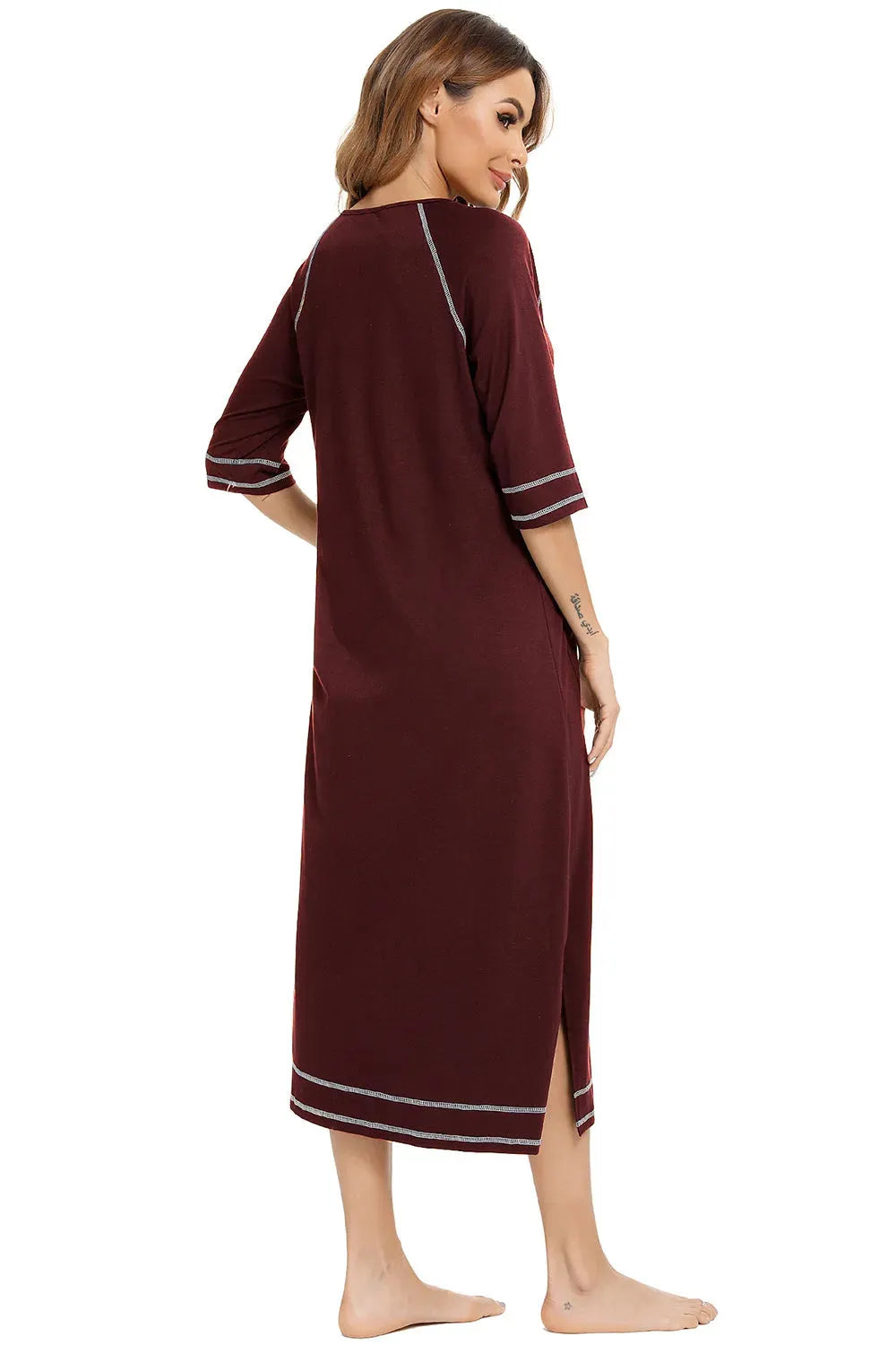 Zip Up Slit Round Neck Night Dress with Pockets Sleep Dresses - Tophatter Daily Deals