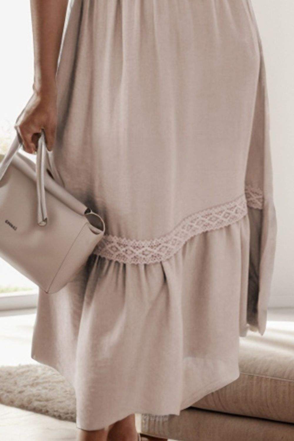 Lace Detail V-Neck Flutter Sleeve Dress Casual Dresses - Tophatter Daily Deals