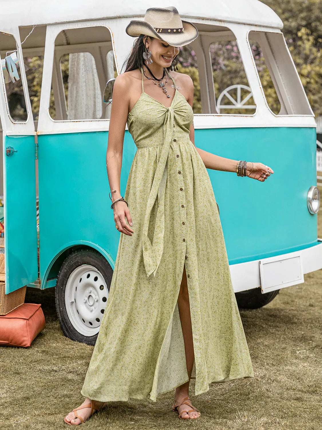 Printed Halter Neck Maxi Dress Sage Casual Dresses - Tophatter Daily Deals