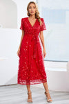 Sequin Leaf Embroidery Tie Front Short Sleeve Dress Deep Red Cocktail Dresses - Tophatter Daily Deals