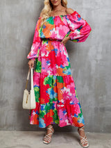 Printed Off-Shoulder Balloon Sleeve Tiered Dress Casual Dresses - Tophatter Daily Deals