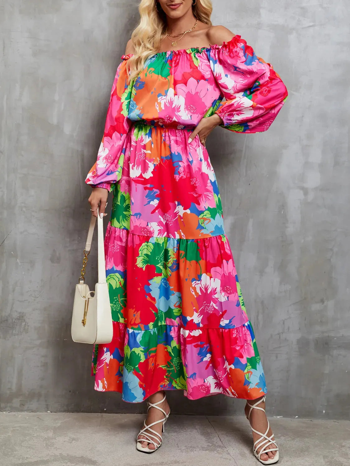 Printed Off-Shoulder Balloon Sleeve Tiered Dress Casual Dresses - Tophatter Daily Deals