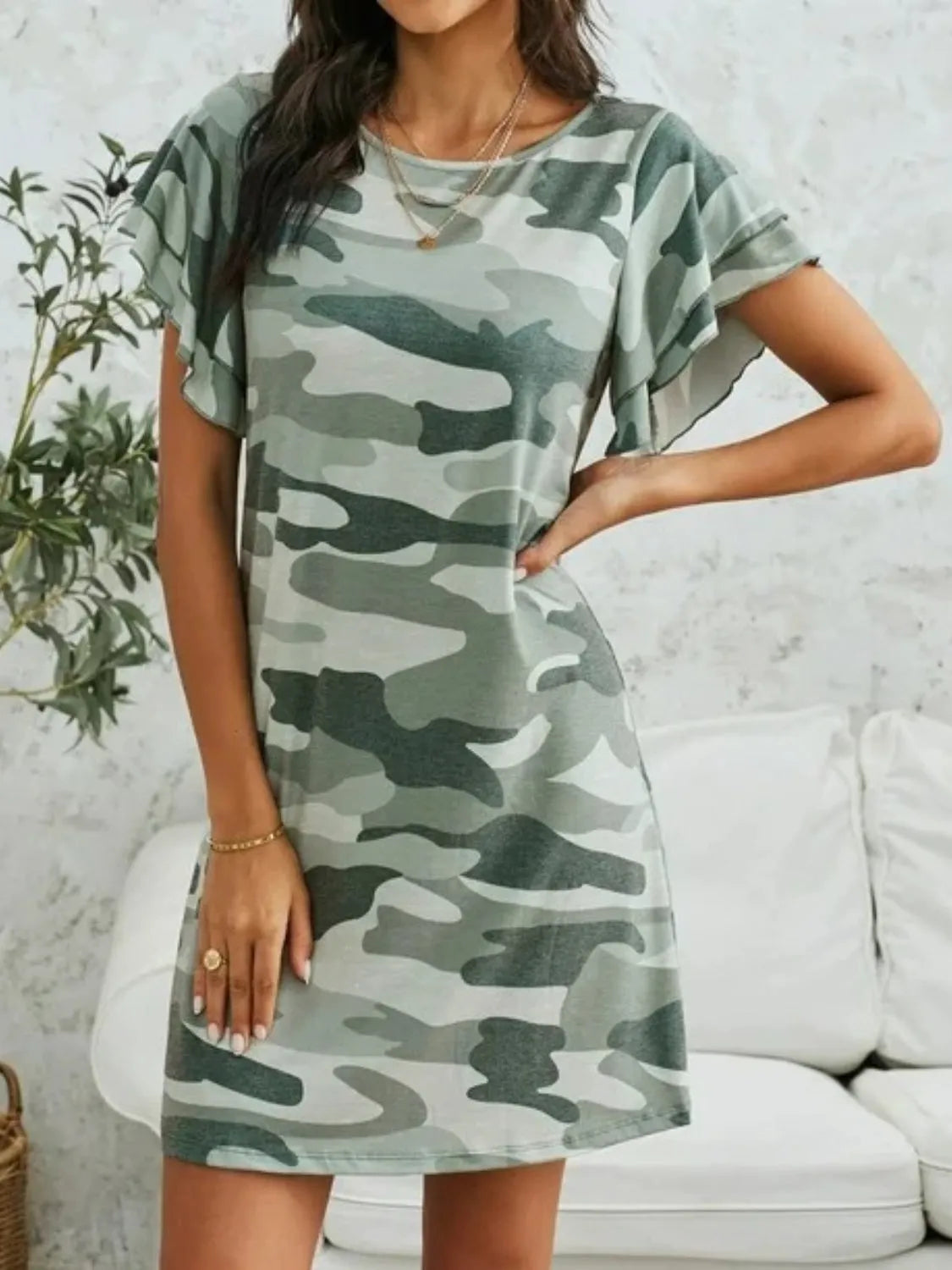 Camouflage Round Neck Short Sleeve Mini Dress Casual Dresses - Tophatter Daily Deals